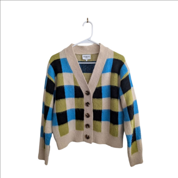Women's FRNCH S Beige Blue Plaid Cardigan, Size S - Picture 2 of 7